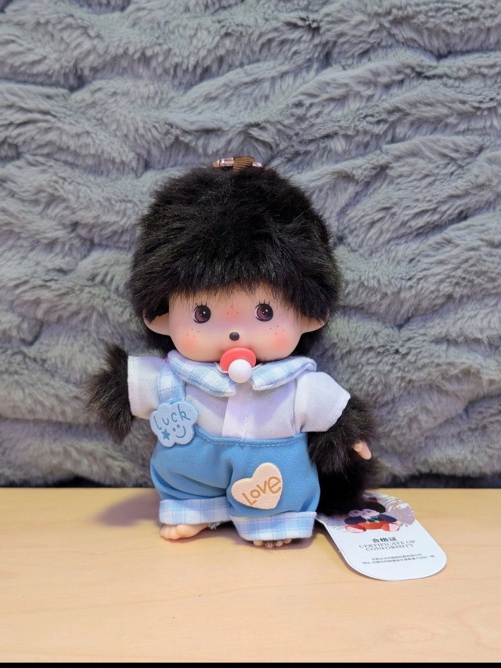 Blue Plush Monchhichi-Inspired Baby Doll with Pacifier